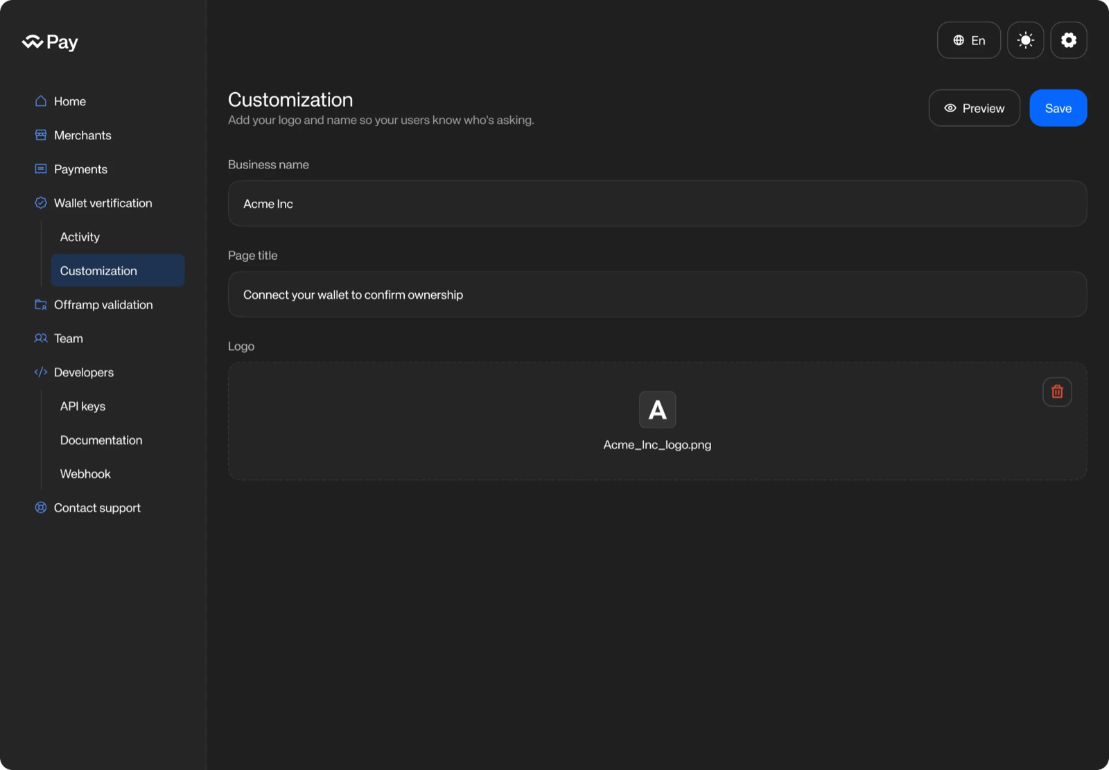 Customization page with business name, page title and logo fields, and Preview and Save buttons