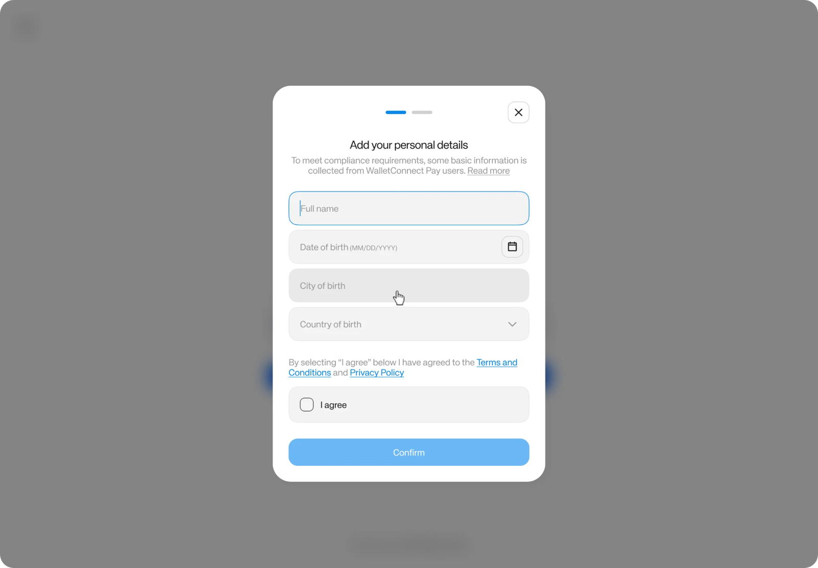 Personal details form asking for full name, date of birth, city of birth and country of birth, with an I agree checkbox and a Confirm button